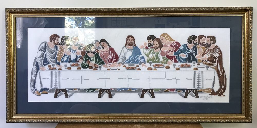 Vintage The Last Supper Framed Matted Cross Stitch Art Concetta 1999 32" x 15"